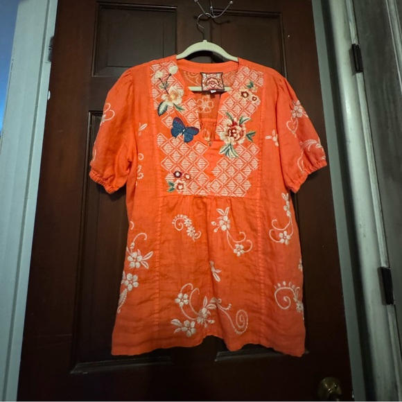 JOHNNY WAS Jailyn Puff Sleeve Weekend Top Coral Linen Embroidered Blouse SIZE L - Picture 4 of 8